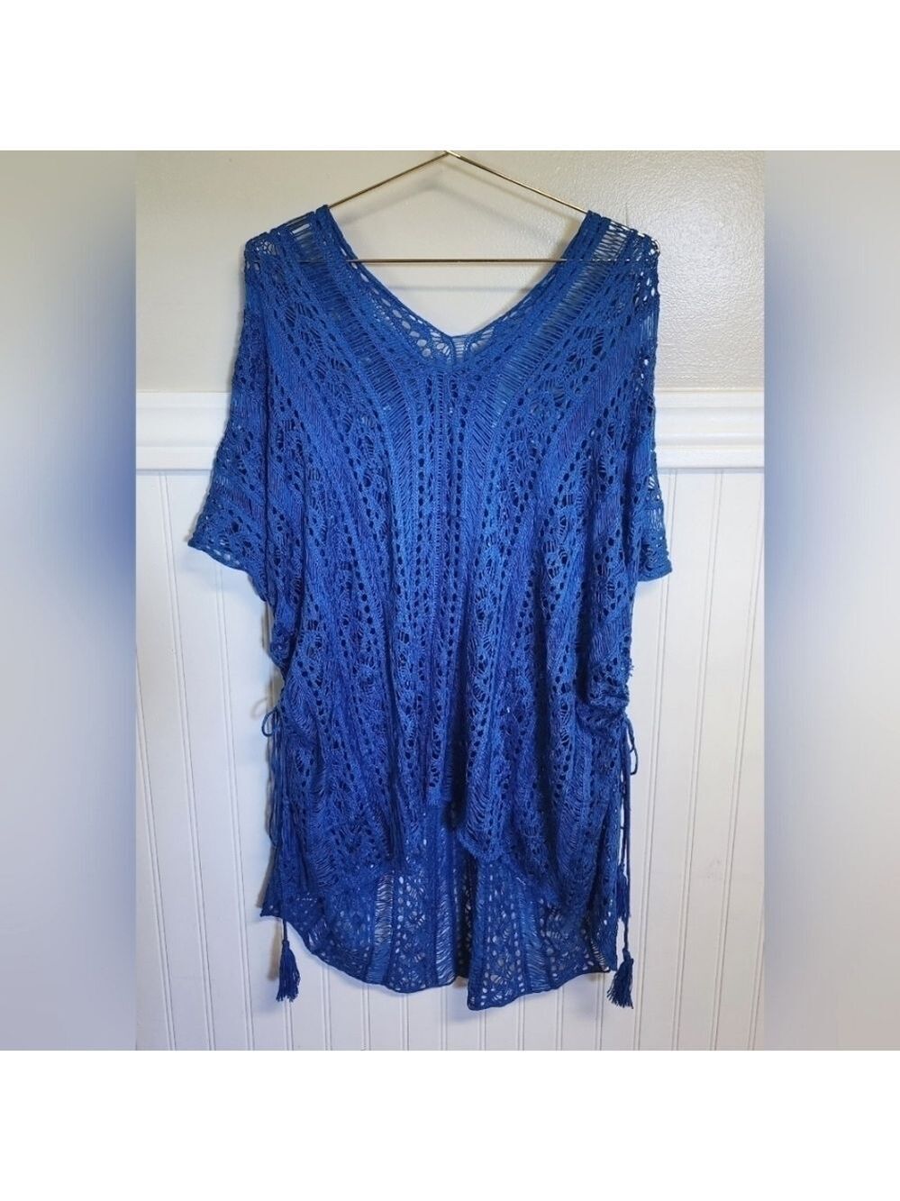 Summer Knit Tassel Side Slit Royal Blue Beach Cover-Up One Size New Without Tags